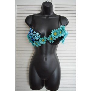 32C Push Up Rave Festival Bra Floral Gemstone Jewel Teal Blue Aqua Handmade